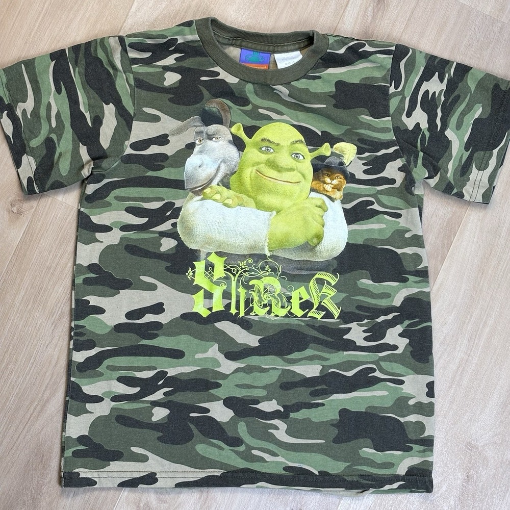 Shrek Movie 2007 Y2K Green Graphic Print Camo T Shirt—Youth Medium 8/10